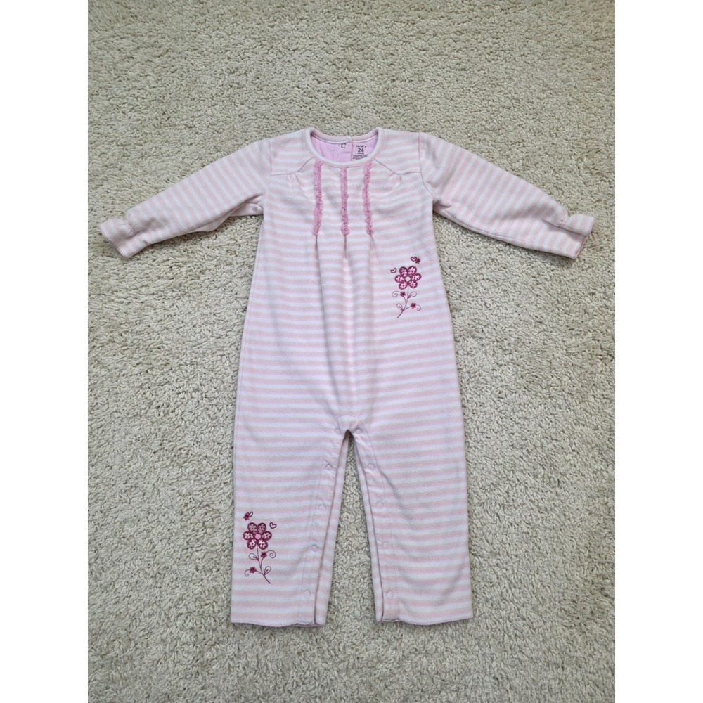 Carter's 24 Months Pink White Striped Fleece Embroidered Flower Jumpsuit Sleeper